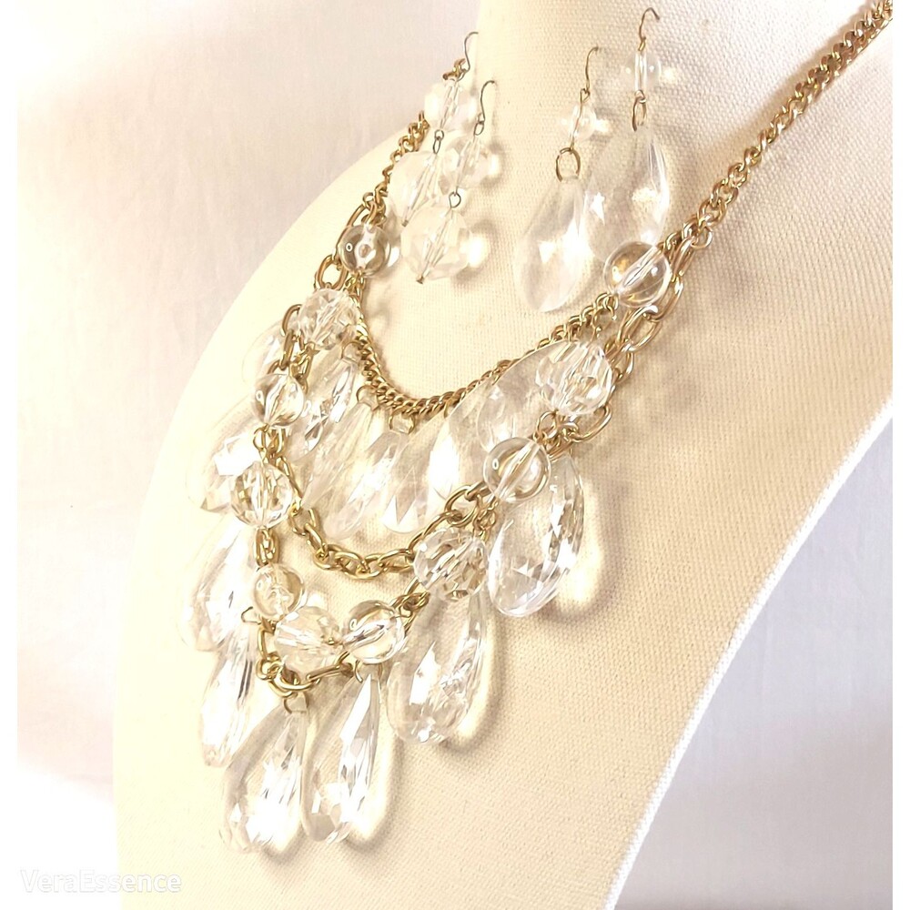 Statement Retro Acrylic Crystal Beads Bib Necklace/2 set Earrings Set Gold Chain
